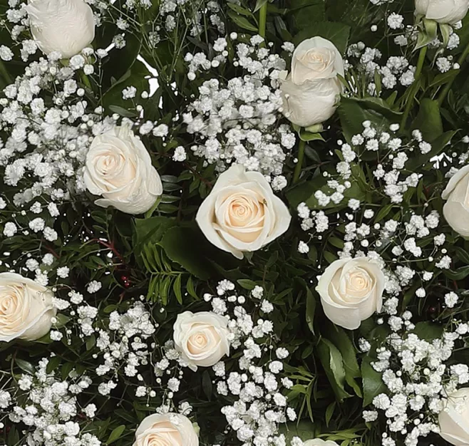 Corona de claveles con cabezal de 30 rosas blancas